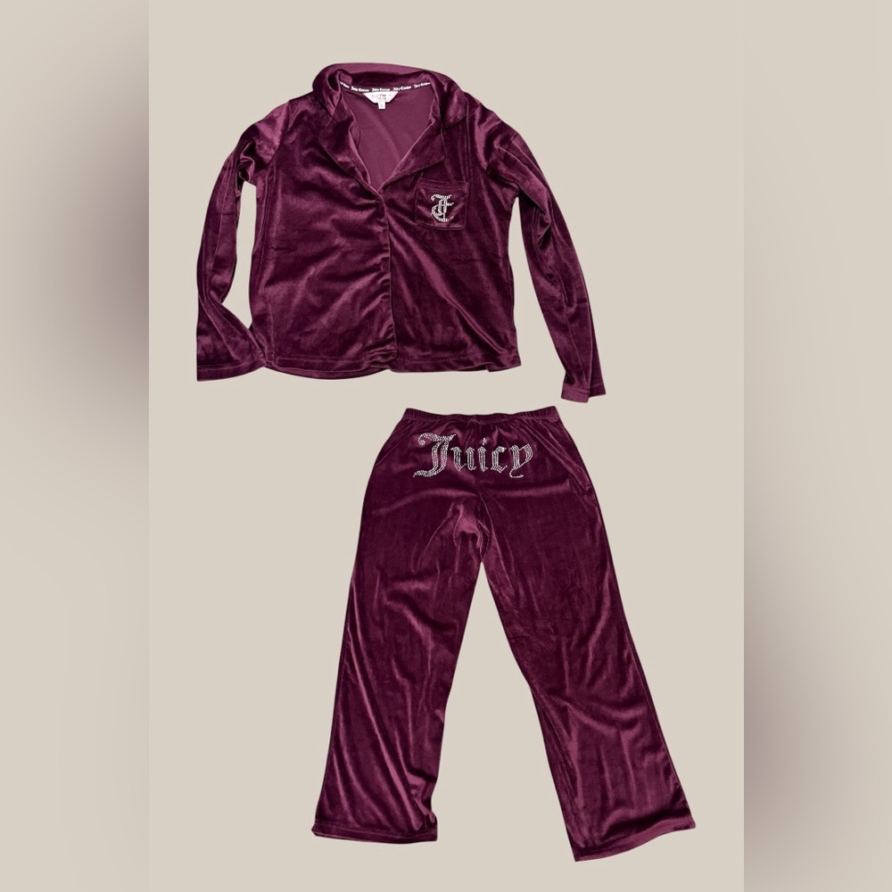Juicy Couture Girls Plum Velour Pajama Set with Rhinestone Logo - Picture 2 of 8